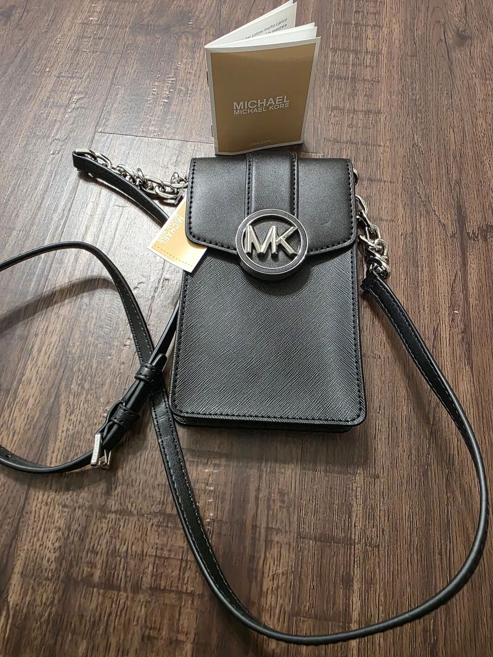NWT Michael Kors Black Phone Crossbody Bag Silver MK Logo Chain Strap